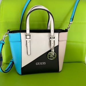 Guess crossbody bag. Blue/white/tan and black.